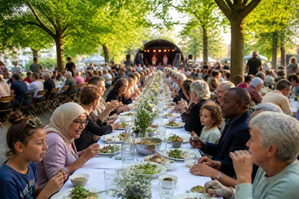 Freiheitsmahl an langen Tischen beim Befreiungsfestival Haarlem